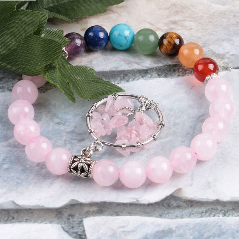 Pulseira de Quartzo Rosa + Árvore da Vida